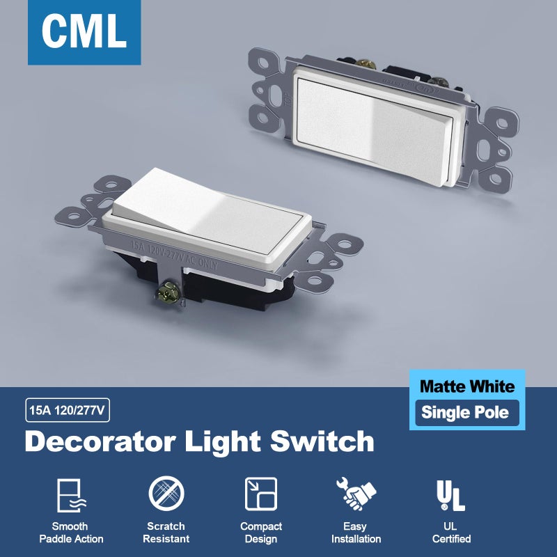 CML Hardware Cml Matte White Decorator Single Pole Light Switch, Rocker Paddle Wall Switch, 15A 120/277V, On/Off Interrupter, Ul Listed, 20 Pack - Image 2